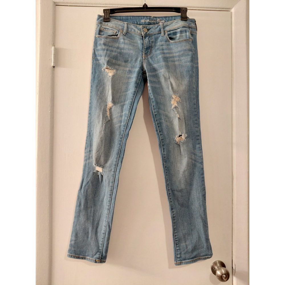 AMERICAN EAGLE Next Level Stretch Skinny, Med Wash Distressed Size 10 PreOwned